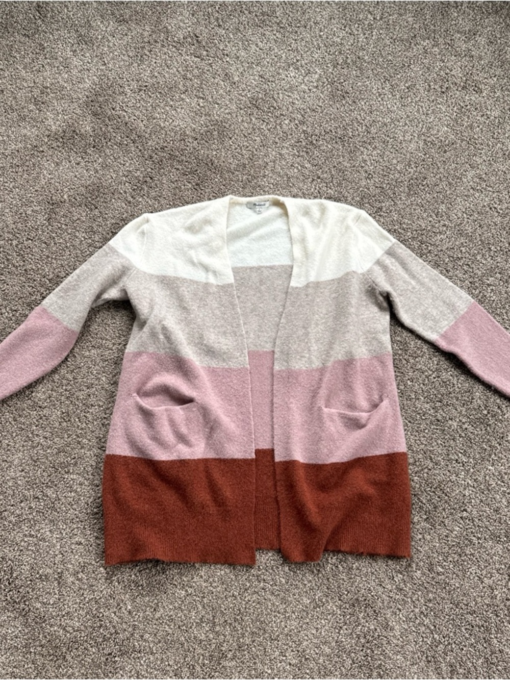 Madewell Women’s Small Striped Open-Front PocketedCardigan in Cream, Pink & Rust